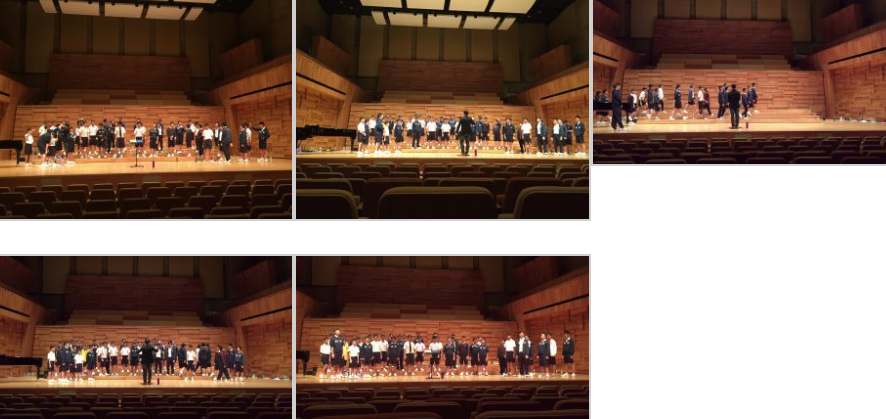 Five photos of a group of students standing on a wooden concert hall stage with empty auditorium seats visible.